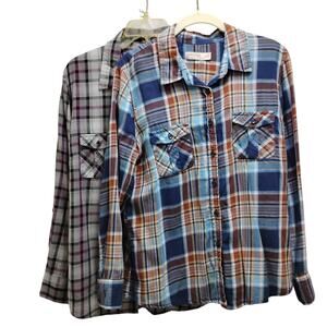🖤🩷Faded Glory Plaid Flannel Shirt Lot of 2 L Black Pink Blue Brown Bundle 💙🤎